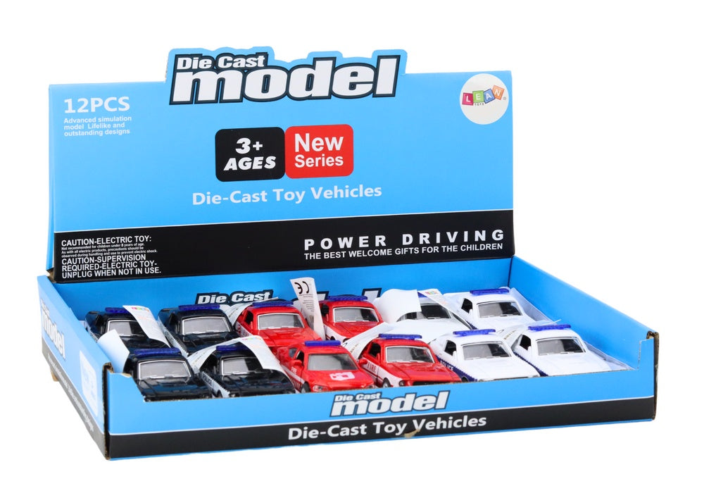 Leksaksbil polis/brandbil 12 cm metall friktionsdrift ljus 12-pack