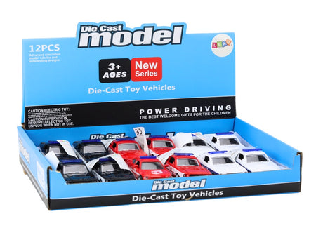 Leksaksbil polis/brandbil 12 cm metall friktionsdrift ljus 12-pack