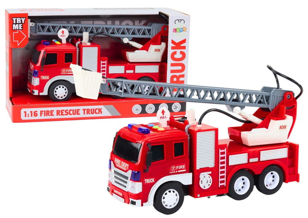Leksaksbrandbil 1:16 med vattenspruta, ljus/ljud, friktion 26,5 cm