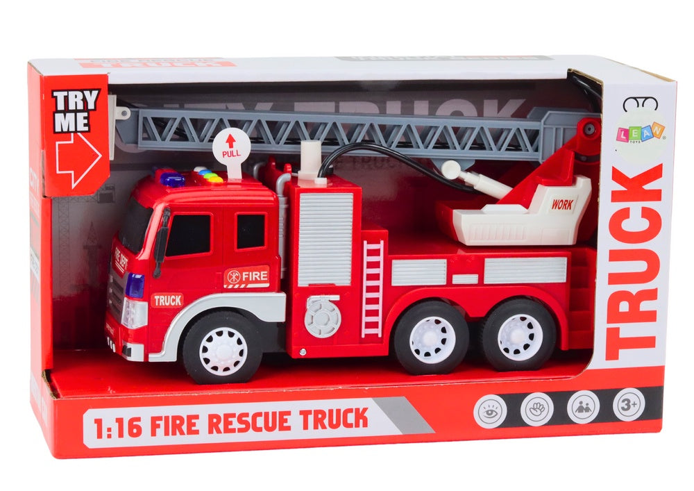 Leksaksbrandbil 1:16 med vattenspruta, ljus/ljud, friktion 26,5 cm