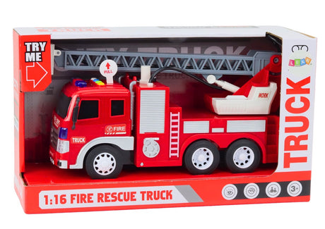 Leksaksbrandbil 1:16 med vattenspruta, ljus/ljud, friktion 26,5 cm
