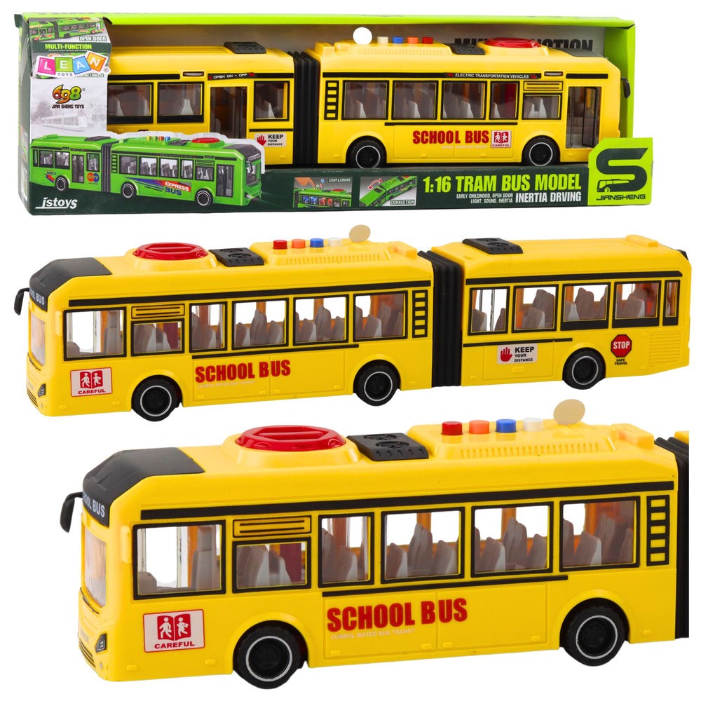 Leksaksbuss 1:16 skolbuss 40 cm med ljus/ljud, öppningsbara dörrar