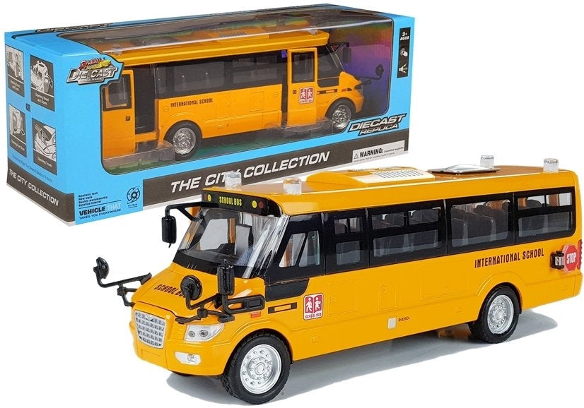 Leksaksbuss skolbuss i metall 23 cm med ljud/ljus och pull-back
