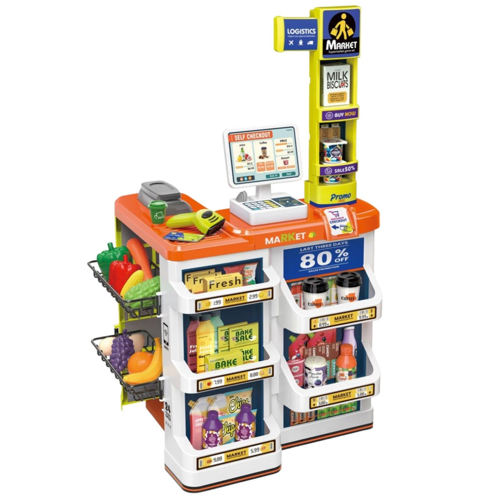 Leksaksbutik med kassaregister, scanner och kundvagn 60 delar
