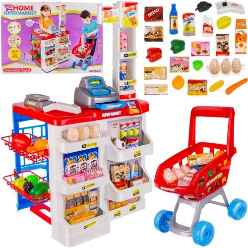 Leksaksbutikset med kassaapparat, skanner ljus/ljud & shoppingvagn