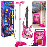Leksakselgitarr rosa med mikrofon, stativ & förstärkare 72 cm