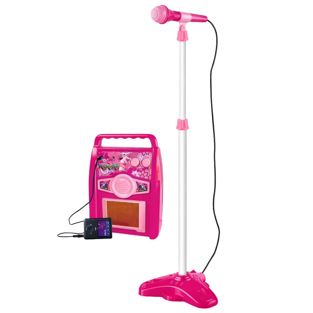 Leksakselgitarr rosa med mikrofon, stativ & förstärkare 72 cm