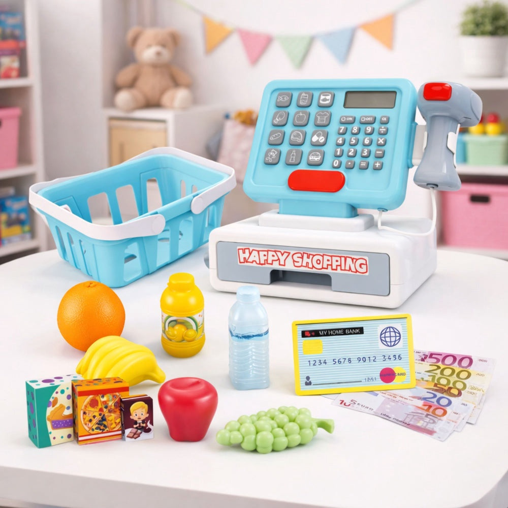Leksakskassa för barn med scanner, våg, ljud/ljus och shoppingvagn set