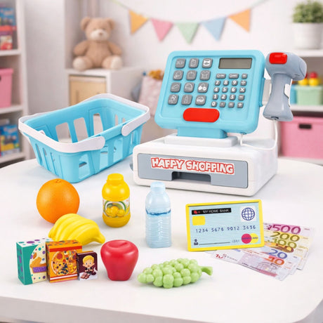 Leksakskassa för barn med scanner, våg, ljud/ljus och shoppingvagn set
