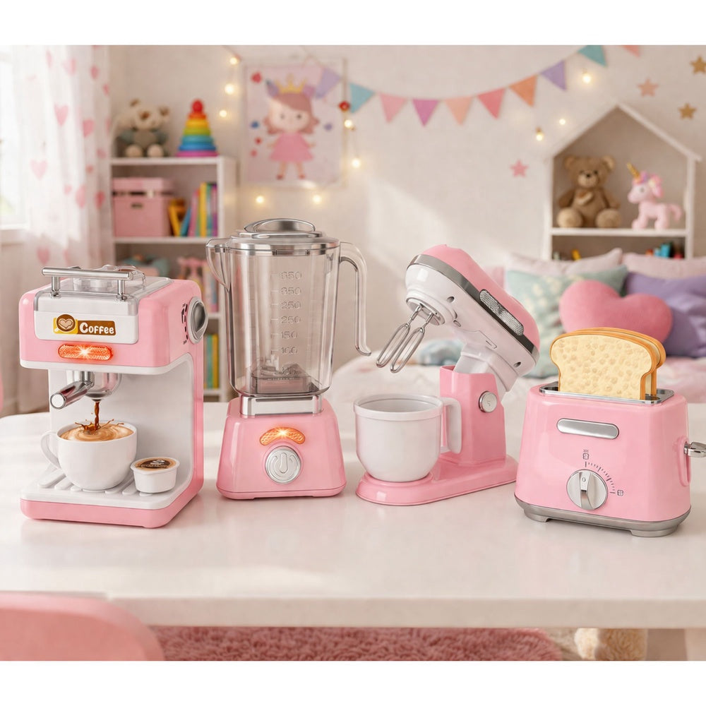 Leksaksköksapparater set 6 delar rosa/vit – kaffemaskin brödrost mixer