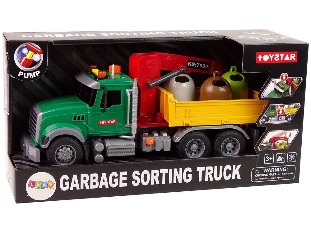 Leksakslastbil med kran och trailer, ljud/ljus, 3 avfallsbehållare
