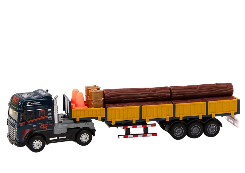 Leksakslastbil med trailer 1:24 38 cm ljus/ljud 4 koner 2 tunnor