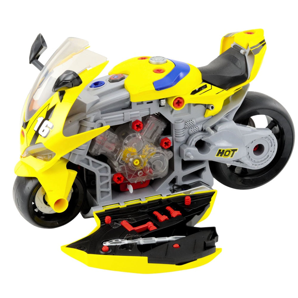 Leksaksmotorcykel 2-i-1 med verkstad ljus/ljud rökfunktion 43 cm