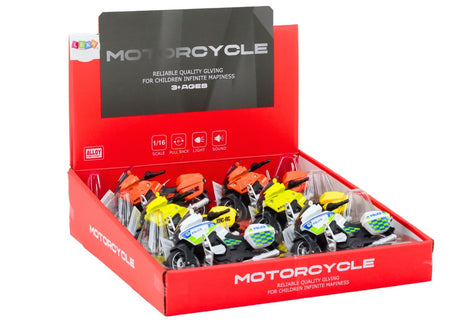 Leksaksmotorcykel med friktionsdrift 16 cm, 6-pack (slumpad design)