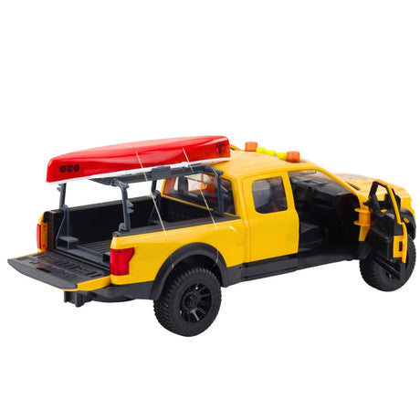Leksaks off-road pickup 1:12 med avtagbar kajak, ljus & ljud 24 cm