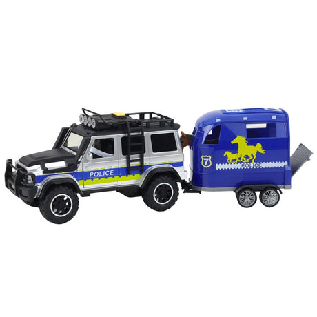 Leksakspolisbil off-road med hästsläp, ljus/ljud, hästfigur 40 cm