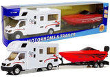 Leksaksset camper och röd motorbåt med detaljerad inredning 3+ år