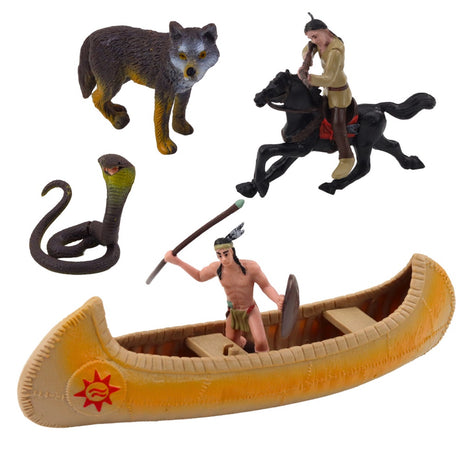 Leksaksset indianska figurer med kanot, totem och djur 10 delar