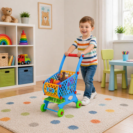 Leksaks shoppingvagn för barn blå med 46 delar matset 52 cm handtag