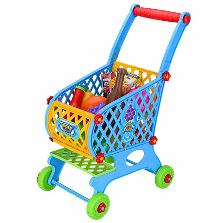 Leksaks shoppingvagn för barn blå med 46 delar matset 52 cm handtag