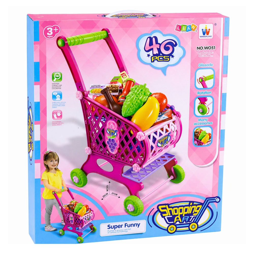 Leksaksshoppingvagn rosa med matvaror 46 delar, plast 52x37x26 cm