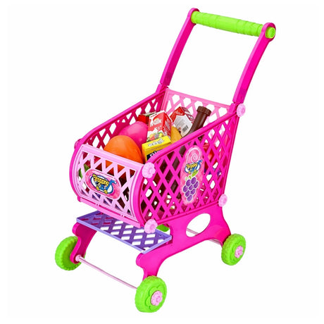 Leksaksshoppingvagn rosa med matvaror 46 delar, plast 52x37x26 cm