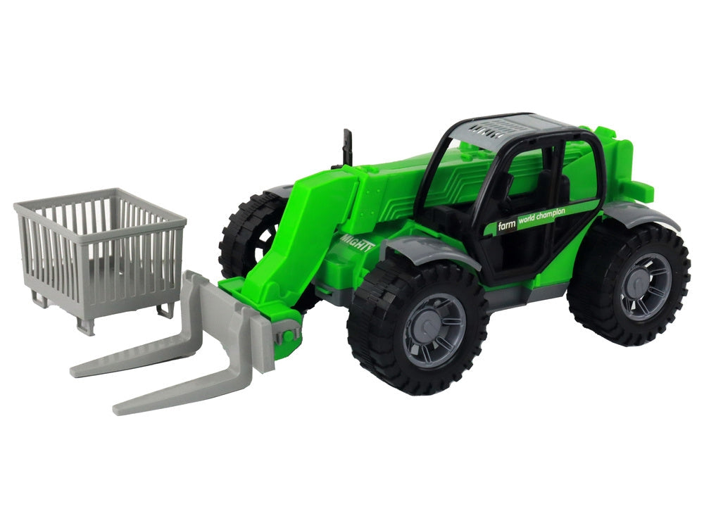 Leksakstraktor 40 cm med kran och 3 tillbehör, friktionsdriven