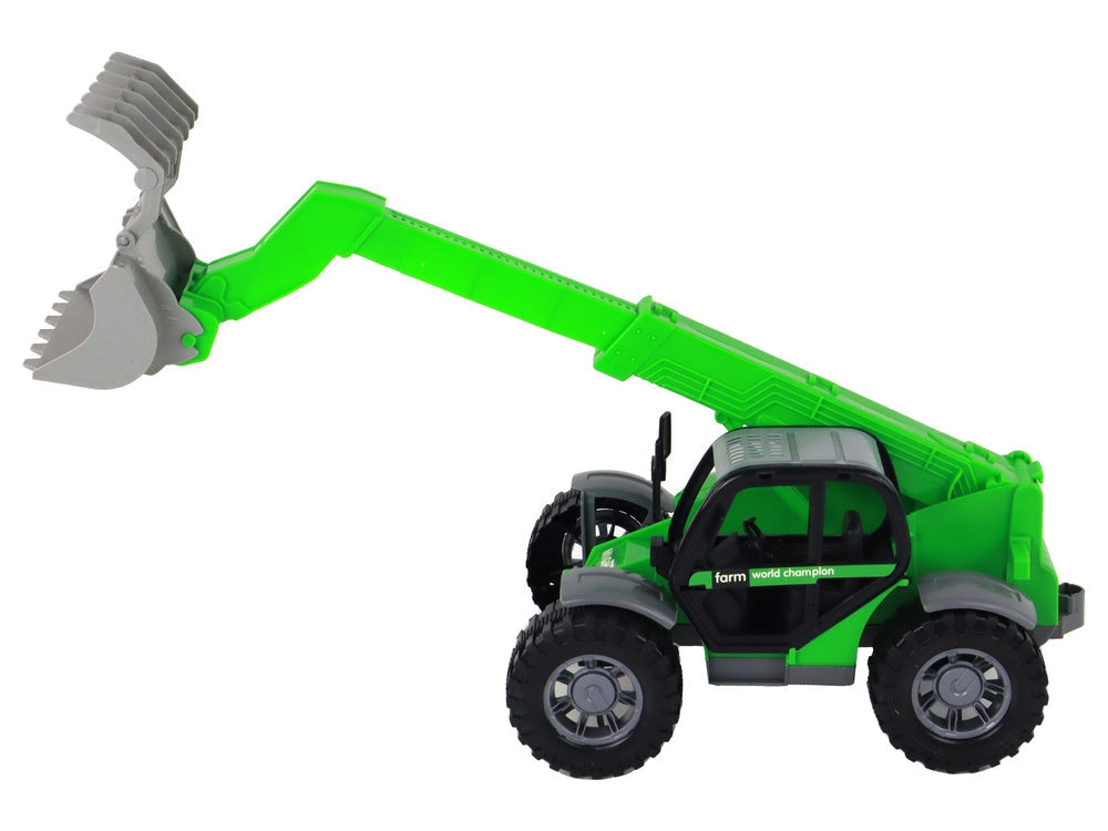 Leksakstraktor 40 cm med kran och 3 tillbehör, friktionsdriven
