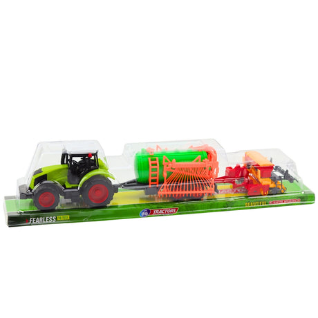 Leksakstraktor med tank och hökratta släp, rörliga delar 52 cm