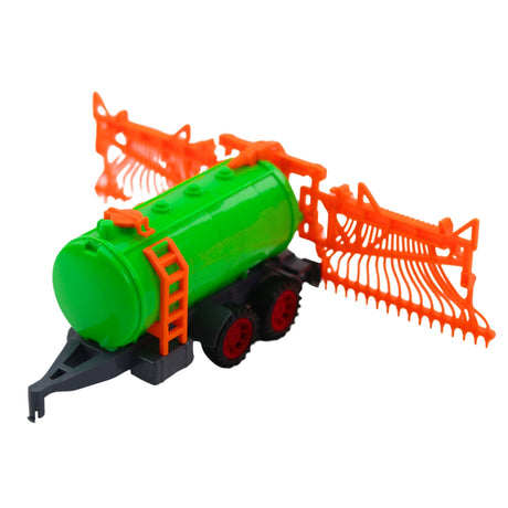 Leksakstraktor med tank och hökratta släp, rörliga delar 52 cm