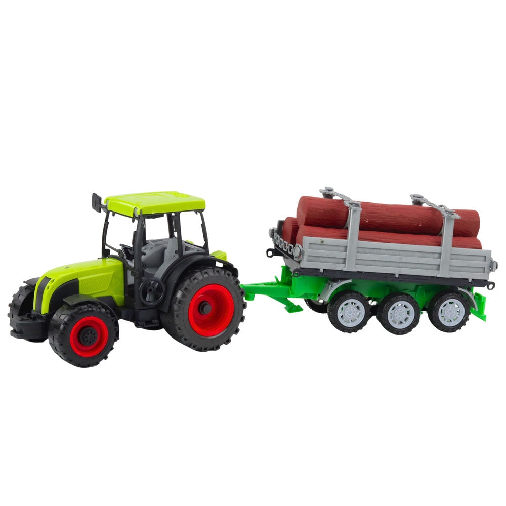 Leksakstraktor med timmertrailer och stockar 47 cm grön plast