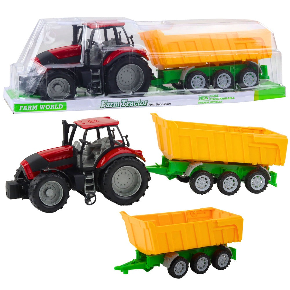 Leksakstraktor med trailer 46 cm röd traktor gul släp i plast
