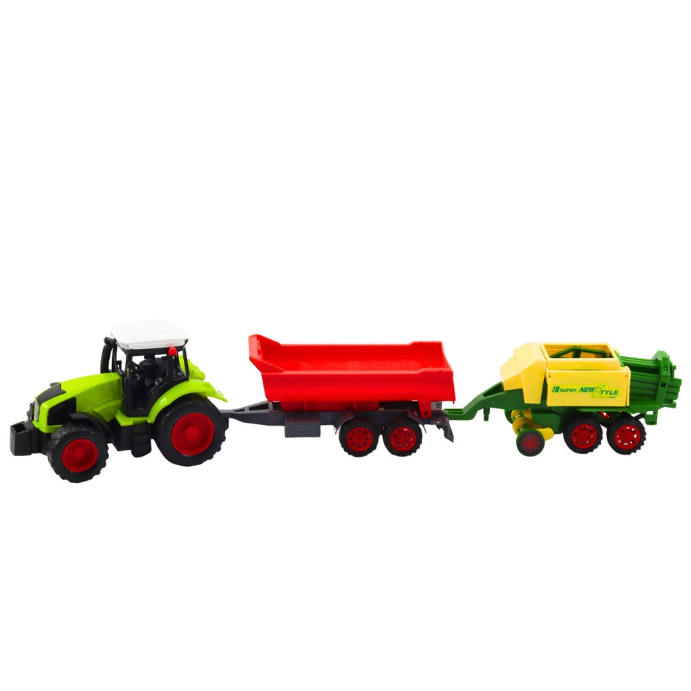 Leksakstraktor med trailer och balmaskin i plast 56 cm