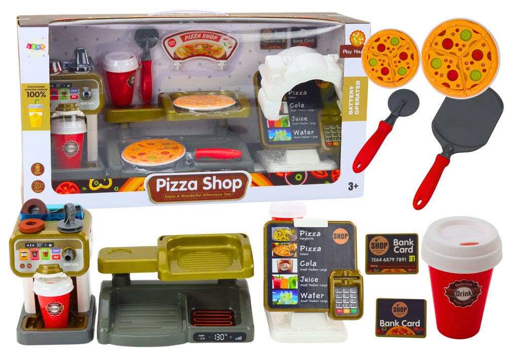 Lekset pizzeria/butik med pizzaugn, kassaregister & kaffemaskin 3+