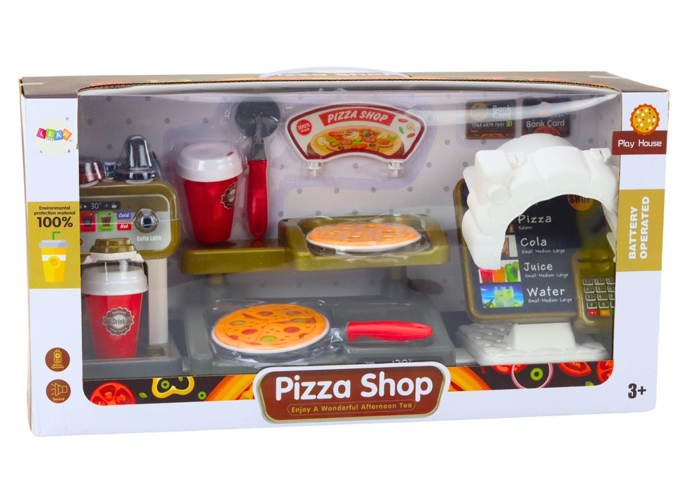 Lekset pizzeria/butik med pizzaugn, kassaregister & kaffemaskin 3+