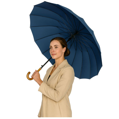 Långparaply 24 ribbor 115 cm automatisk öppning med trähandtag