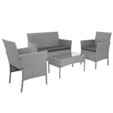 Loungegrupp technorattan grå 4 delar soffa 2 stolar bord glas