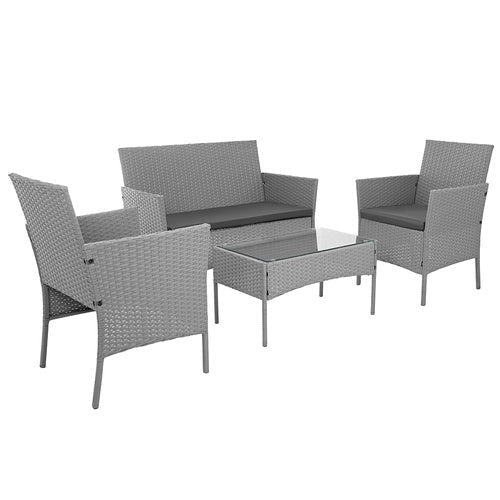 Loungegrupp technorattan grå 4 delar soffa 2 stolar bord glas
