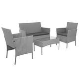 Loungegrupp technorattan grå 4 delar soffa 2 stolar bord glas