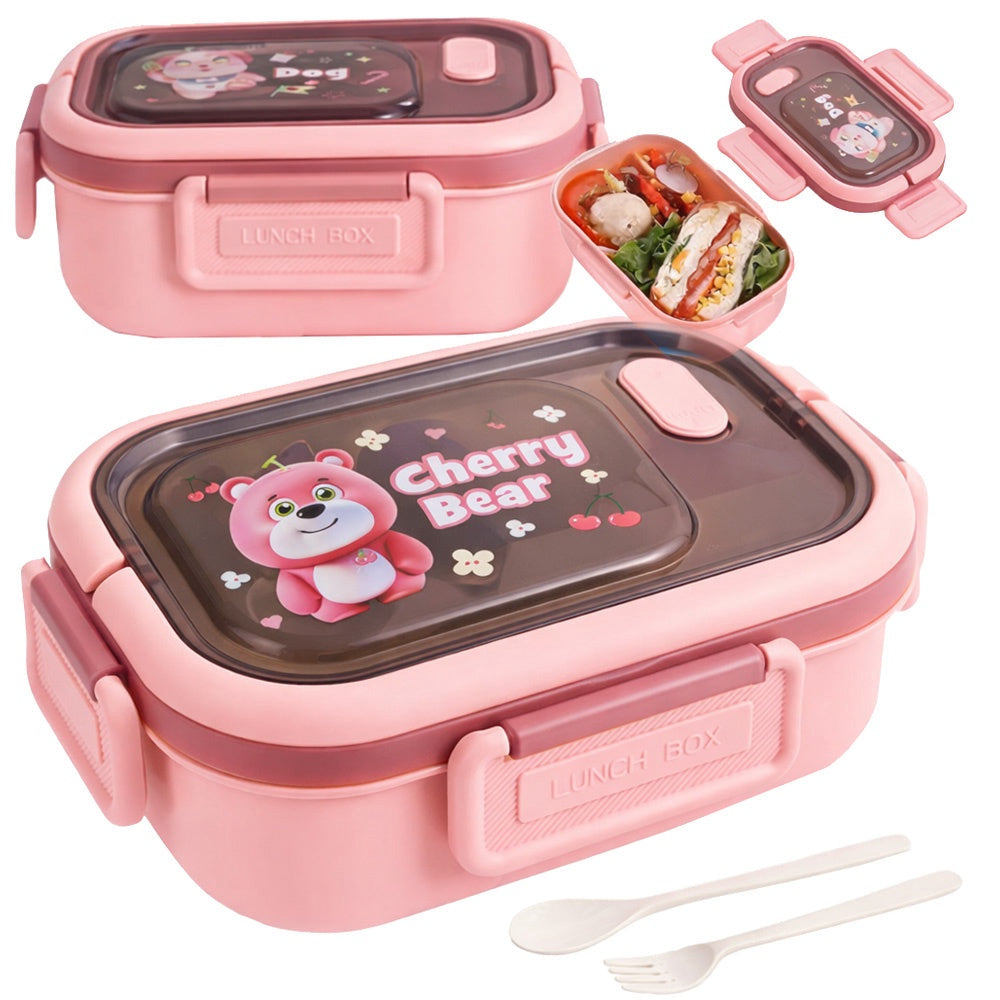 Lunchbox 3 fack med bestick plast rosa 21x14,5x8 cm