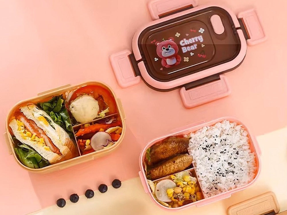 Lunchbox 3 fack med bestick plast rosa 21x14,5x8 cm
