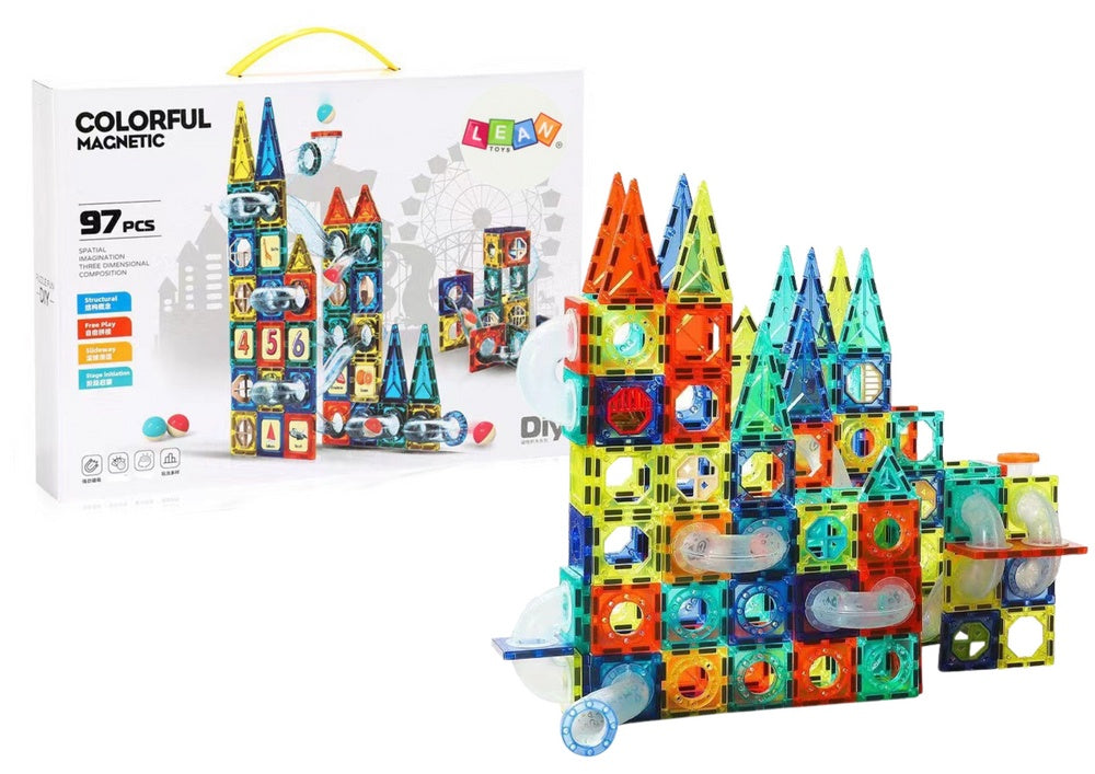Magnetiska byggblock med kulbana/rutschbana 168 delar, 8 bollar, 3+