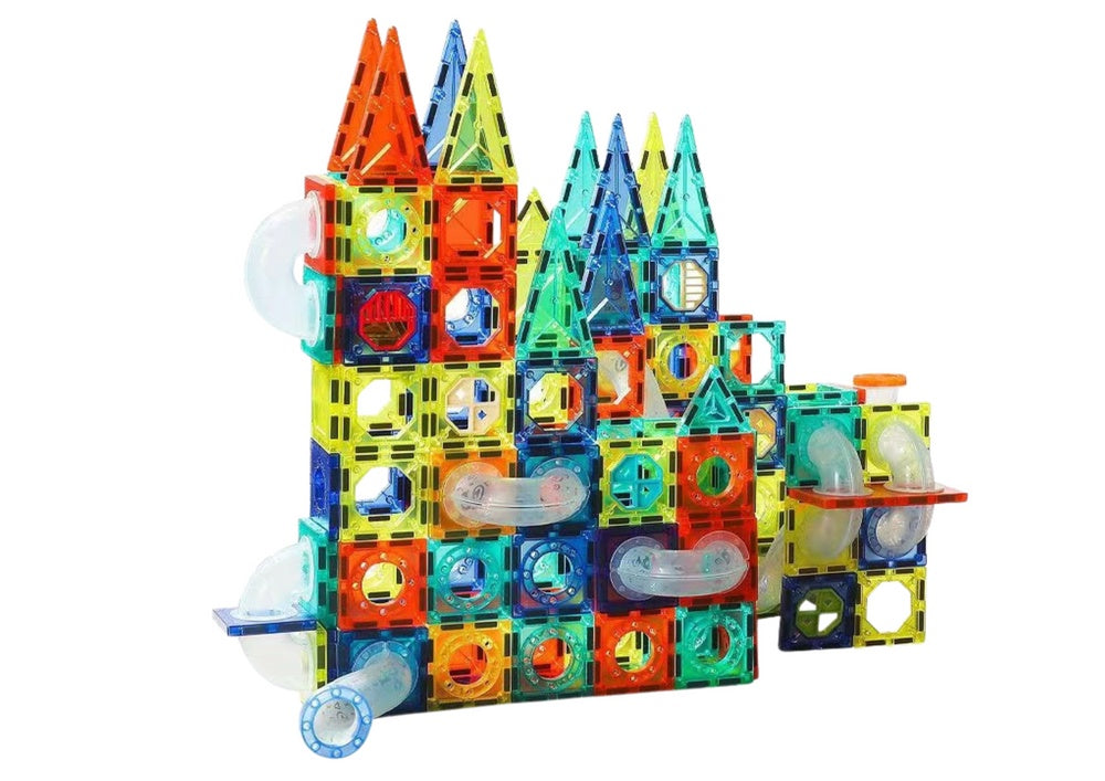 Magnetiska byggblock med kulbana/rutschbana 168 delar, 8 bollar, 3+