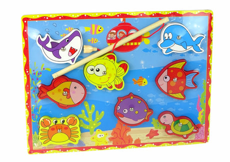 Magnetiskt fiskespel i trä med fiskespö, 9 delar marina djur 30x22 cm
