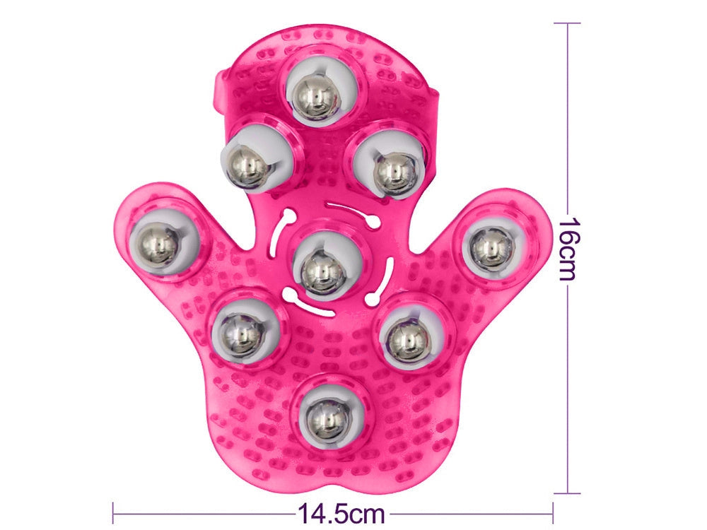 Massagehandske med 9 roterande metallkulor 16x14,5 cm rosa