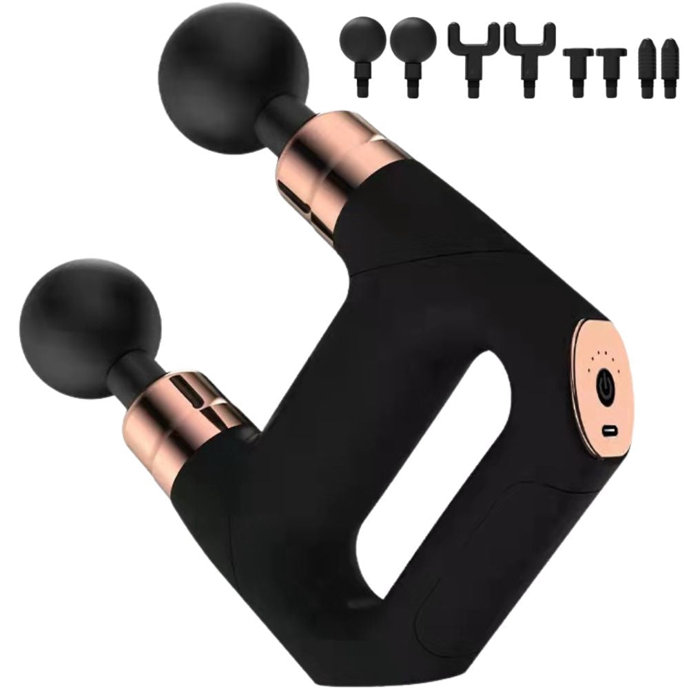 Massagepistol uppladdningsbar USB-C 6 nivåer 4 massagehuvuden svart