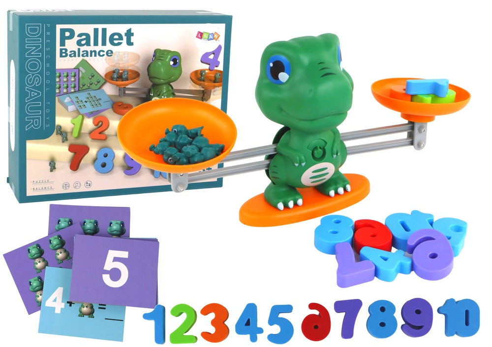 Matematikspel dinosaurievåg med kort, siffror och figurer, 3+ år