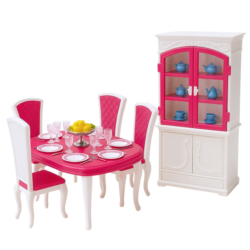 Matsalsmöbler dockor 29 cm bord stolar skåp porslin rosa/vit