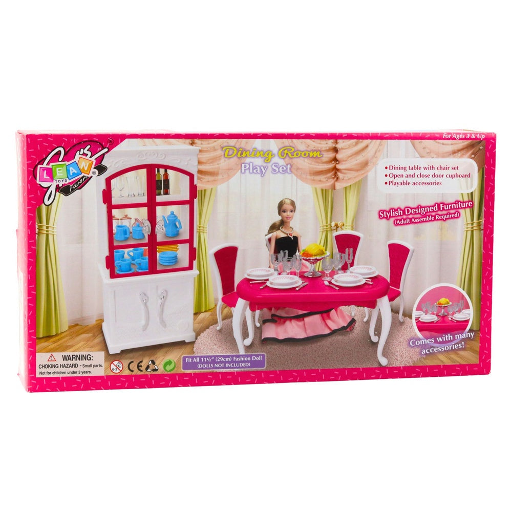 Matsalsmöbler dockor 29 cm bord stolar skåp porslin rosa/vit