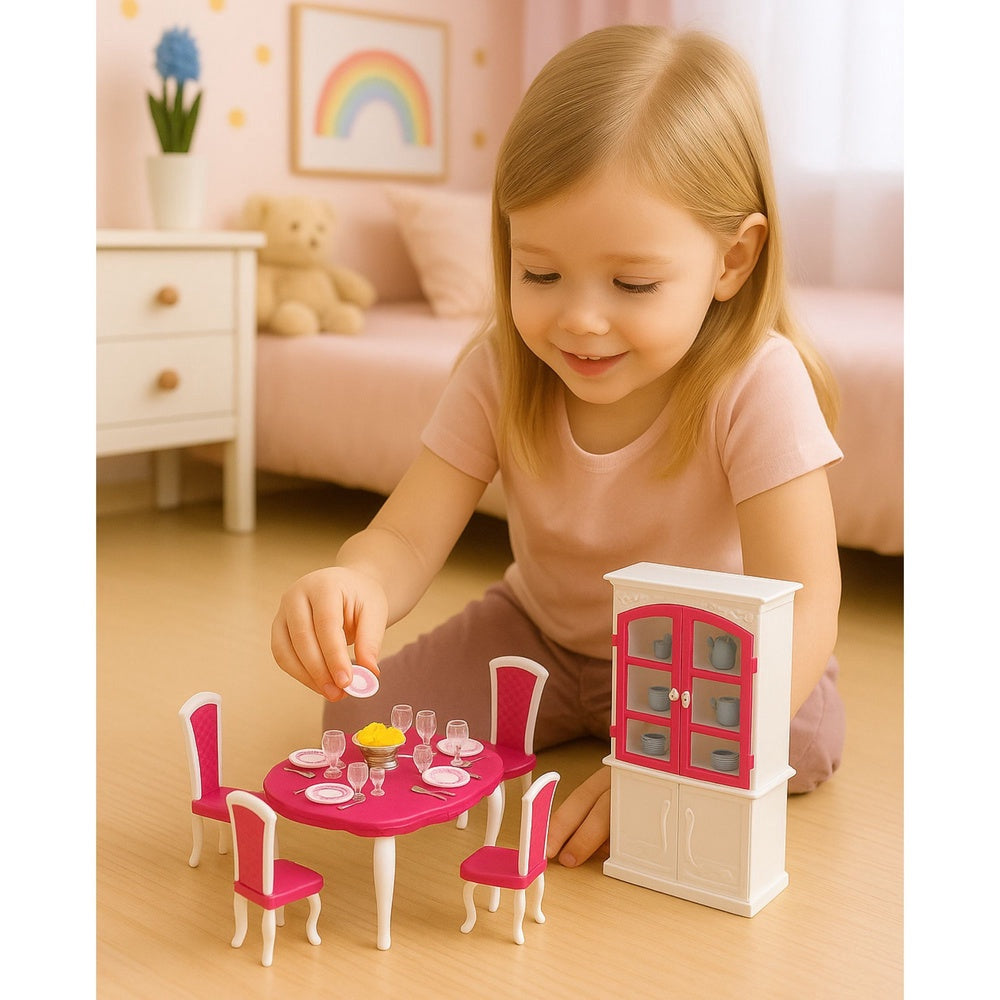 Matsalsmöbler dockor 29 cm bord stolar skåp porslin rosa/vit
